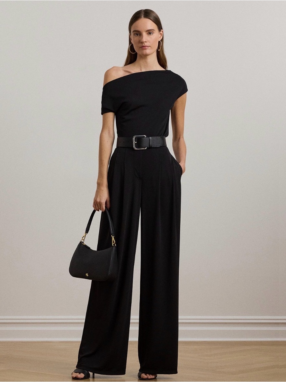Lauren Ralph Lauren Women's Pleated Stretch Jersey Wide-Leg Pants Black
